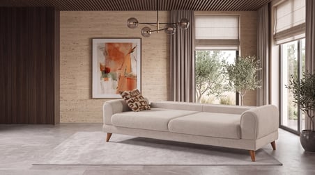 Venev Sevilla Yataklı Üçlü Kanepe Dokuma Kumaş Ahşap Ayaklı