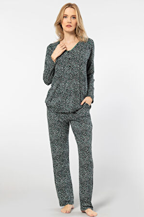 Türen Çiçek Desenli Uzun Kollu Patlı Pijama Takımı 3382/Yeşil