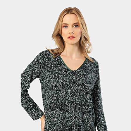 Türen Çiçek Desenli Uzun Kollu Patlı Pijama Takımı 3382/Yeşil