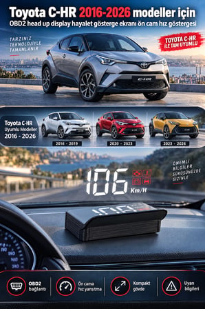 Toyota C-HR 2016-2026 modeller için OBD2 head up display hayalet gösterge ekranı ön cam hız göstergesi
