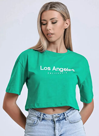 Reebok LC 6613 TENA CROP TEE Yeşil Yuvarlak Yaka Crop Baskılı Kadın T-Shirt