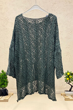 Ajurlu Kare Yaka Cepli Asimetrik Organik Yıkamalı Kazak