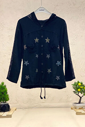 Yıldızlı Uzun Kol Kapşonlu Keten Gömlek