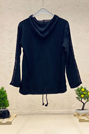 Yıldızlı Uzun Kol Kapşonlu Keten Gömlek