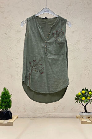 Nakışlı Kolsuz Yıkamalı Keten Bluz