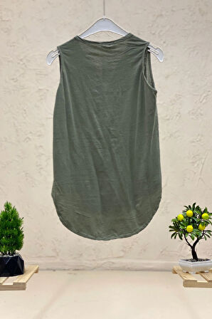 Nakışlı Kolsuz Yıkamalı Keten Bluz