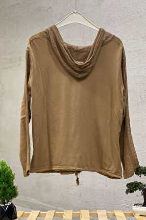 Yıldızlı Uzun Kol Kapşonlu Keten Gömlek