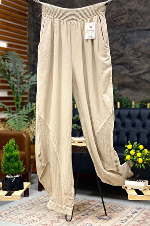 Paça Düğmeli Fileli Keten Şalvar Pantolon