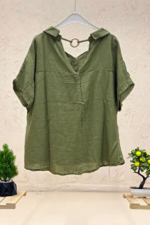 Sırt Tahta Halkalı Yakalı Salaş Keten Bluz