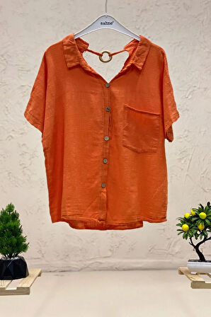 Sırt Tahta Halkalı Yakalı Salaş Keten Bluz
