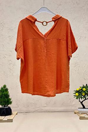 Sırt Tahta Halkalı Yakalı Salaş Keten Bluz