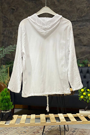 Yıldızlı Uzun Kol Kapşonlu Keten Gömlek