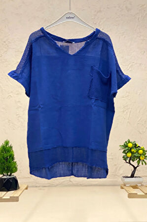 Hakim Yaka Omuz Cep File Keten Bluz