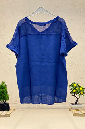 Hakim Yaka Omuz Cep File Keten Bluz