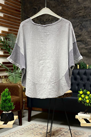 Yanları Fileli Oval Kesim Keten Bluz