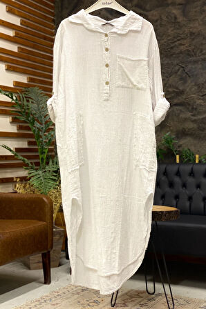 Yakalı Düğmeli Cepli Uzun Keten Elbise