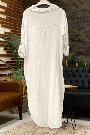 Yakalı Düğmeli Cepli Uzun Keten Elbise