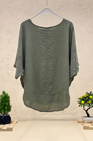 Yanları Fileli Oval Kesim Keten Bluz