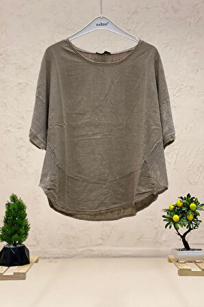 Yanları Fileli Oval Kesim Keten Bluz