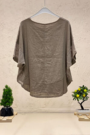 Yanları Fileli Oval Kesim Keten Bluz