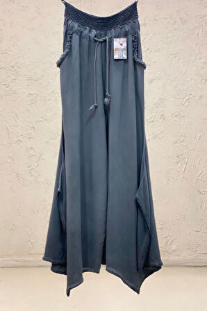 Bel Dantel Kopenaklı Cep Püsküllü Bol Paça Vual Pantolon