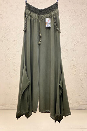 Bel Dantel Kopenaklı Cep Püsküllü Bol Paça Vual Pantolon