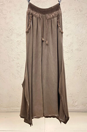 Bel Dantel Kopenaklı Cep Püsküllü Bol Paça Vual Pantolon