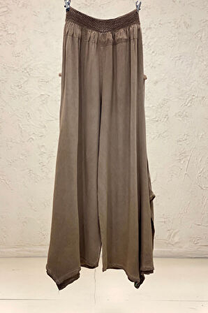 Bel Dantel Kopenaklı Cep Püsküllü Bol Paça Vual Pantolon