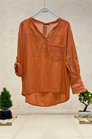 Hakim Yaka Cep Ve Sırt File Detay Keten Bluz
