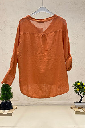 Hakim Yaka Cep Ve Sırt File Detay Keten Bluz