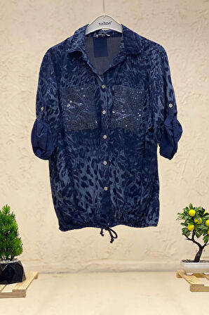 Batik Leopar Desen Pul Detaylı Vual Gömlek