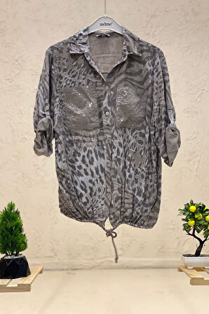 Batik Leopar Desen Pul Detaylı Vual Gömlek