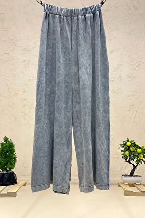 Yandan Cepli Bol Paça Yıkamalı Triko Pantolon