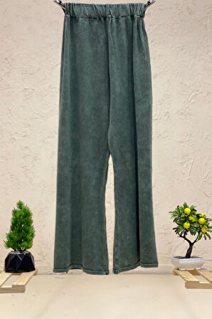 Yanları Tahta Düğmeli Bol Paça Yıkamalı Triko Pantolon