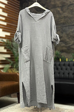 Kapşonlu Cepleri Pullu Uzun Keten Elbise