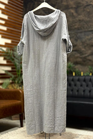 Kapşonlu Cepleri Pullu Uzun Keten Elbise