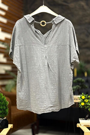 Sırt Tahta Halkalı Yakalı Salaş Keten Bluz