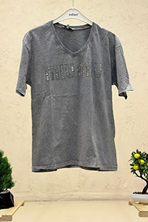 V Yaka Mıu Mıu Baskı Yıkamalı Tshirt
