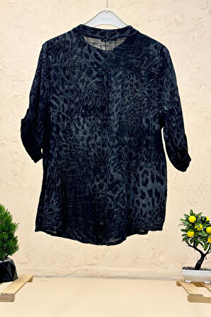 Leopar Desen 3 Düğme İthal Keten Gömlek