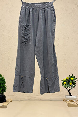 Lazerli Püsküllü Paça Düğmeli Keten Pantolon