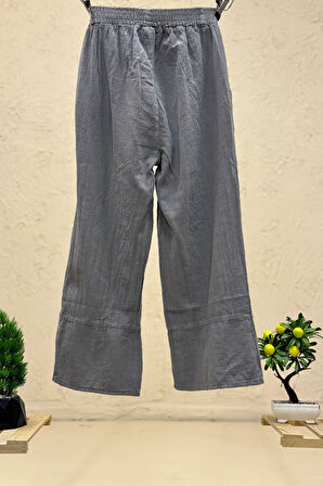 Lazerli Püsküllü Paça Düğmeli Keten Pantolon