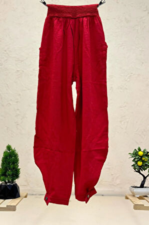 Paça Düğmeli Fileli Keten Şalvar Pantolon