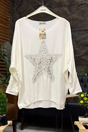 Yıldız Pullu Kayık Yaka Oversize İthal Bluz