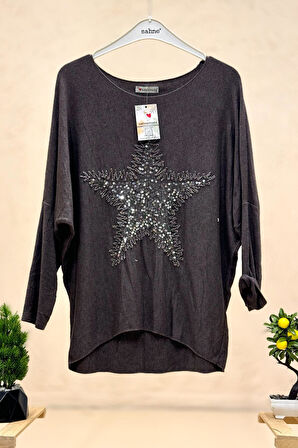 Yıldız Pullu Kayık Yaka Oversize İthal Bluz