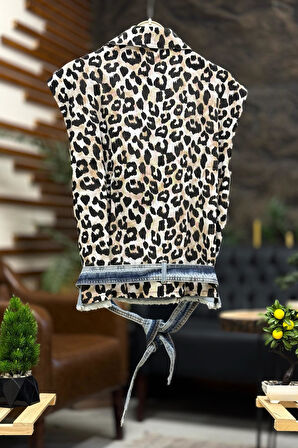 Leopar Kumaş Garnili Kot Yelek