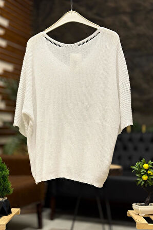 V Yaka Selanik Örgü Merserize Salaş Oversize Bluz