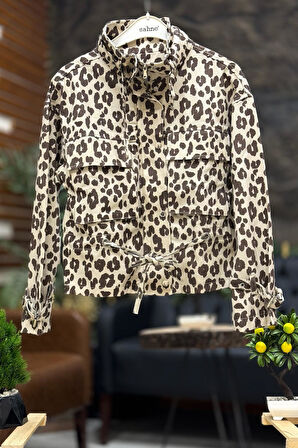 Leopar Desen Yaka Kayışlşı Kot Ceket