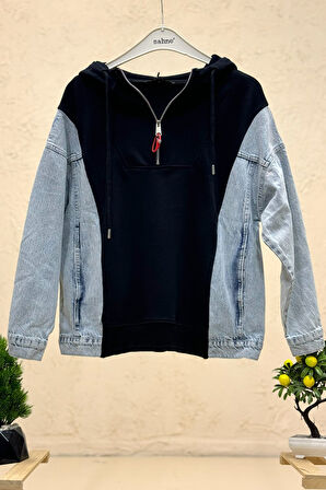 Kapşonlu Yarım Fermuar Kot Garnili Sweat