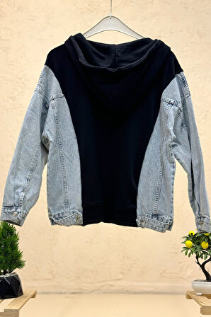 Kapşonlu Yarım Fermuar Kot Garnili Sweat