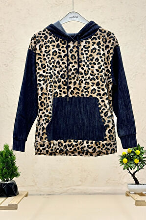 Leopar Desen Kot Garnili Kapşonlu Sweat